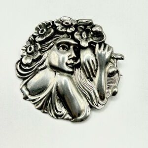 Antique ART NOUVEAU Sterling over pewter Lady Brooch Pin